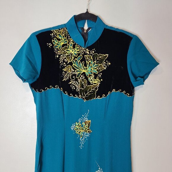 Velvet Silky Cheongsam Full Length Dress Gothic Small Mandarin Gilded Glitter - Picture 2 of 8